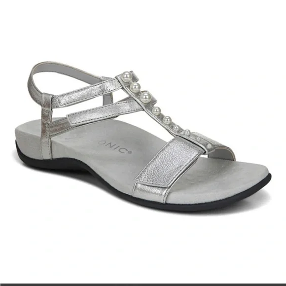 NIB VIONIC Mikah Silver Metallic Leather Sandals Size 7 - Picture 3 of 10